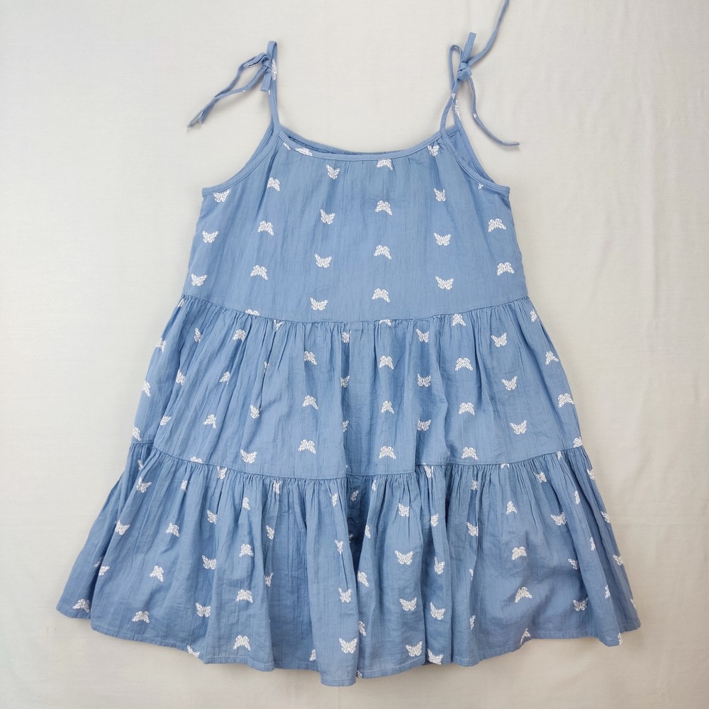 Old Navy Dress Girls L 10-12 Blue Butterfly Tiered Cotton Gauze Tie‎ Strap Mini